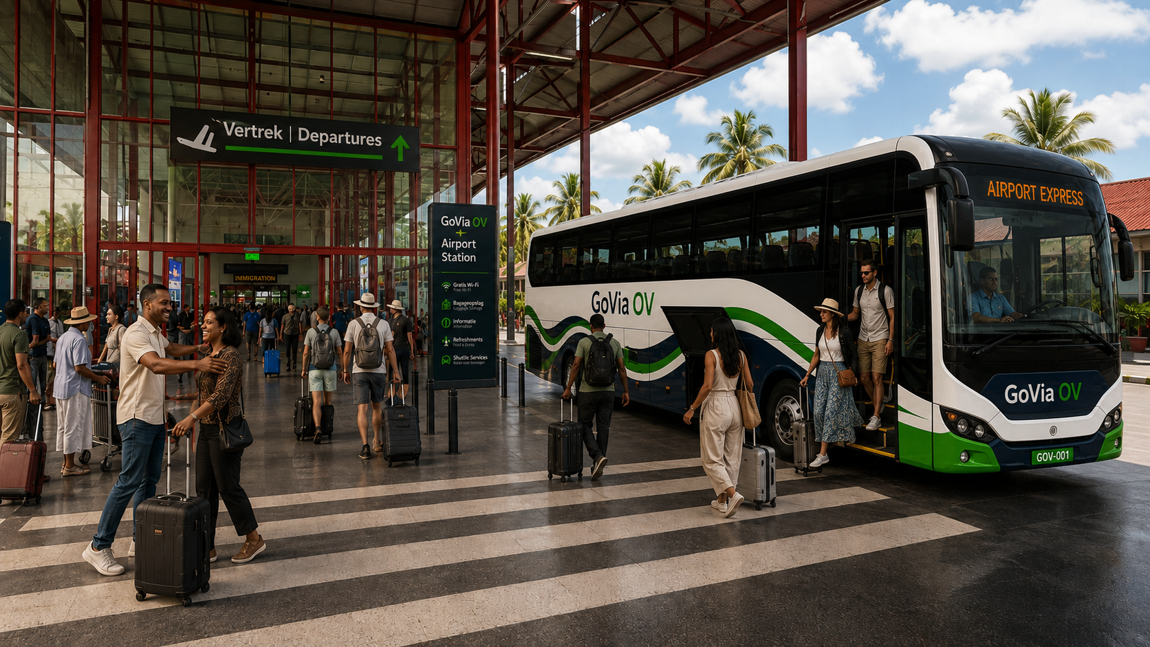 GoVia Express bus bij JAP Airport — vertrekpunt voor doorreis naar Paramaribo