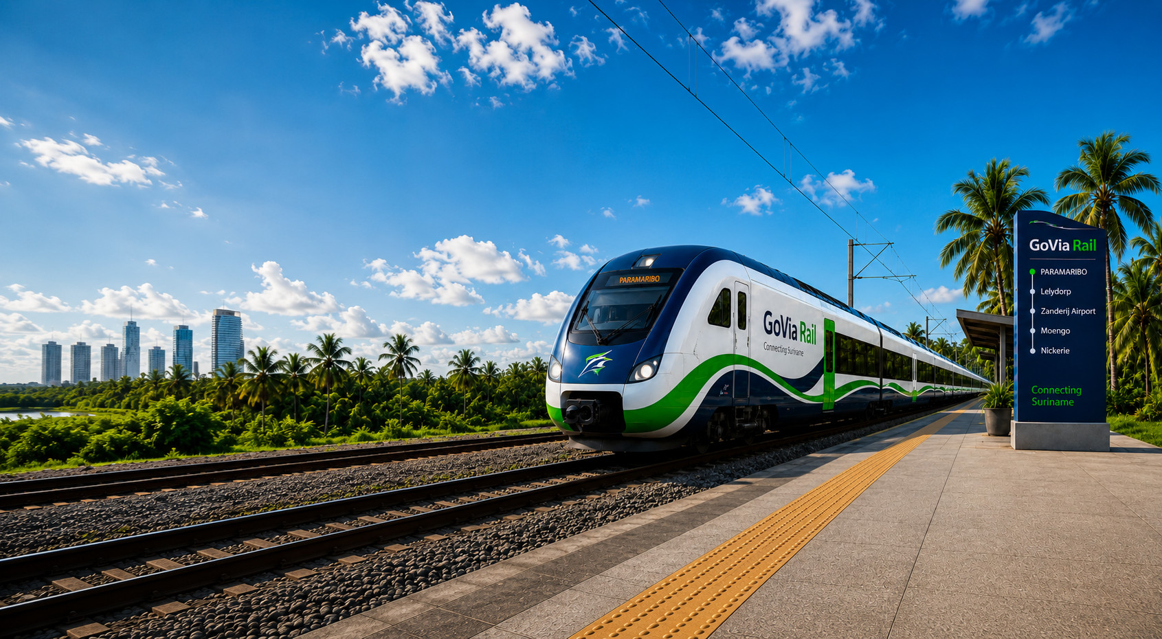 GoVia Rail trein bij station in Suriname