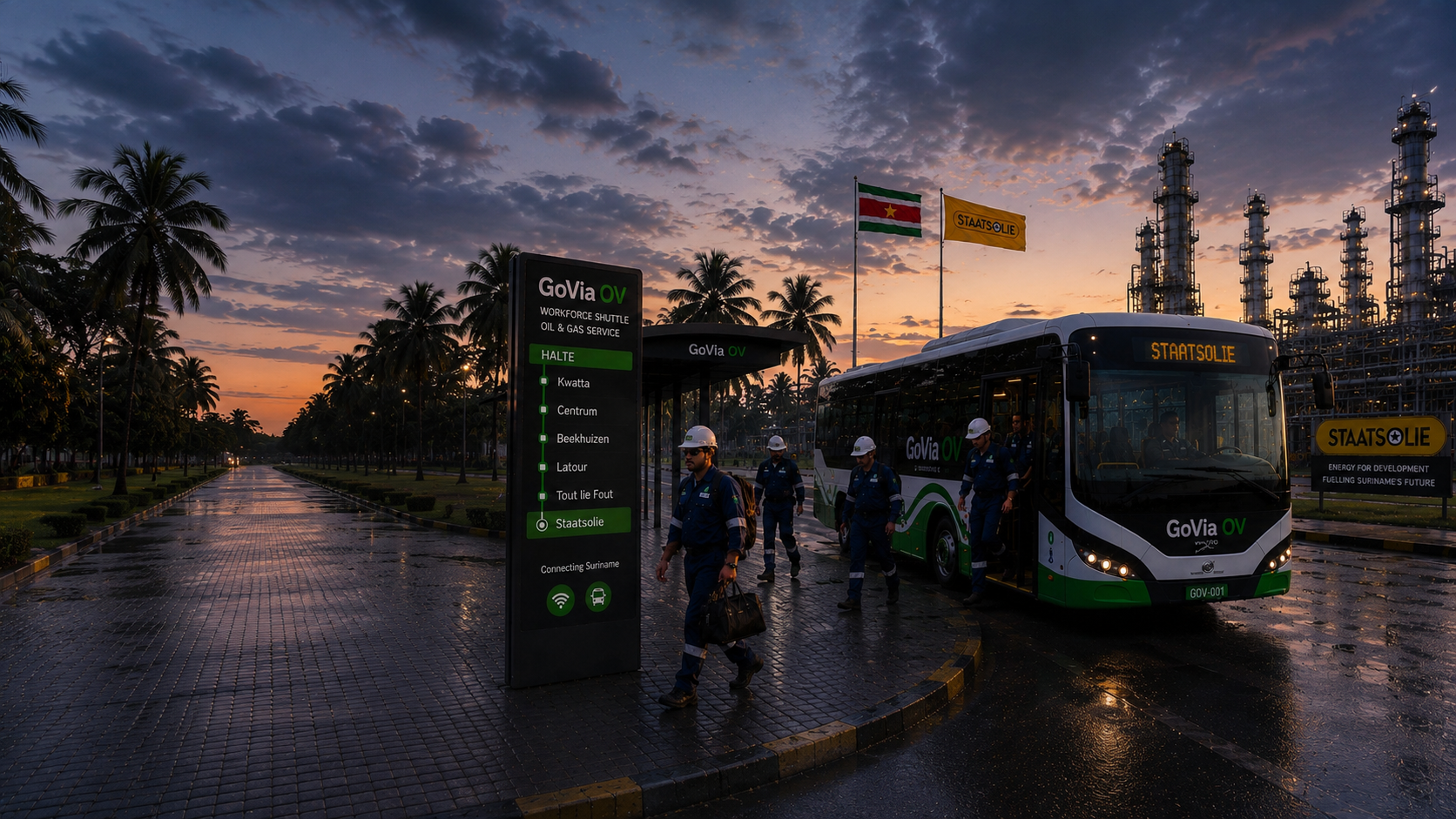 GoVia OV workforce shuttle bij Staatsolie raffinaderij in Suriname bij zonsondergang