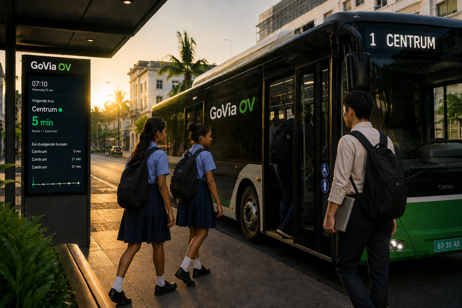 Young Surinamese professionals and students boarding a modern GoVia bus during morning commute.