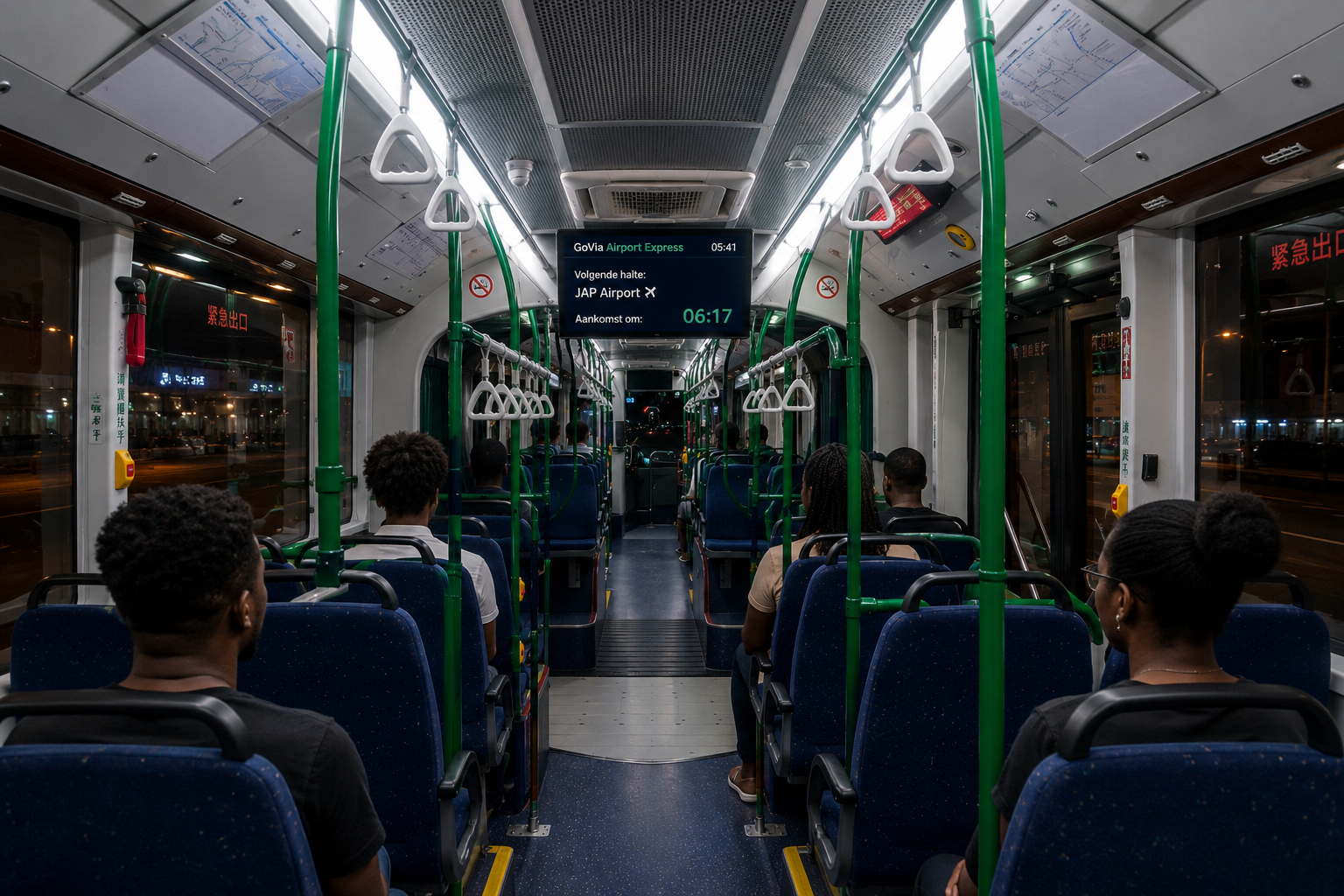 Interior of a modern GoVia Airport Express bus with passengers travelling comfortably.