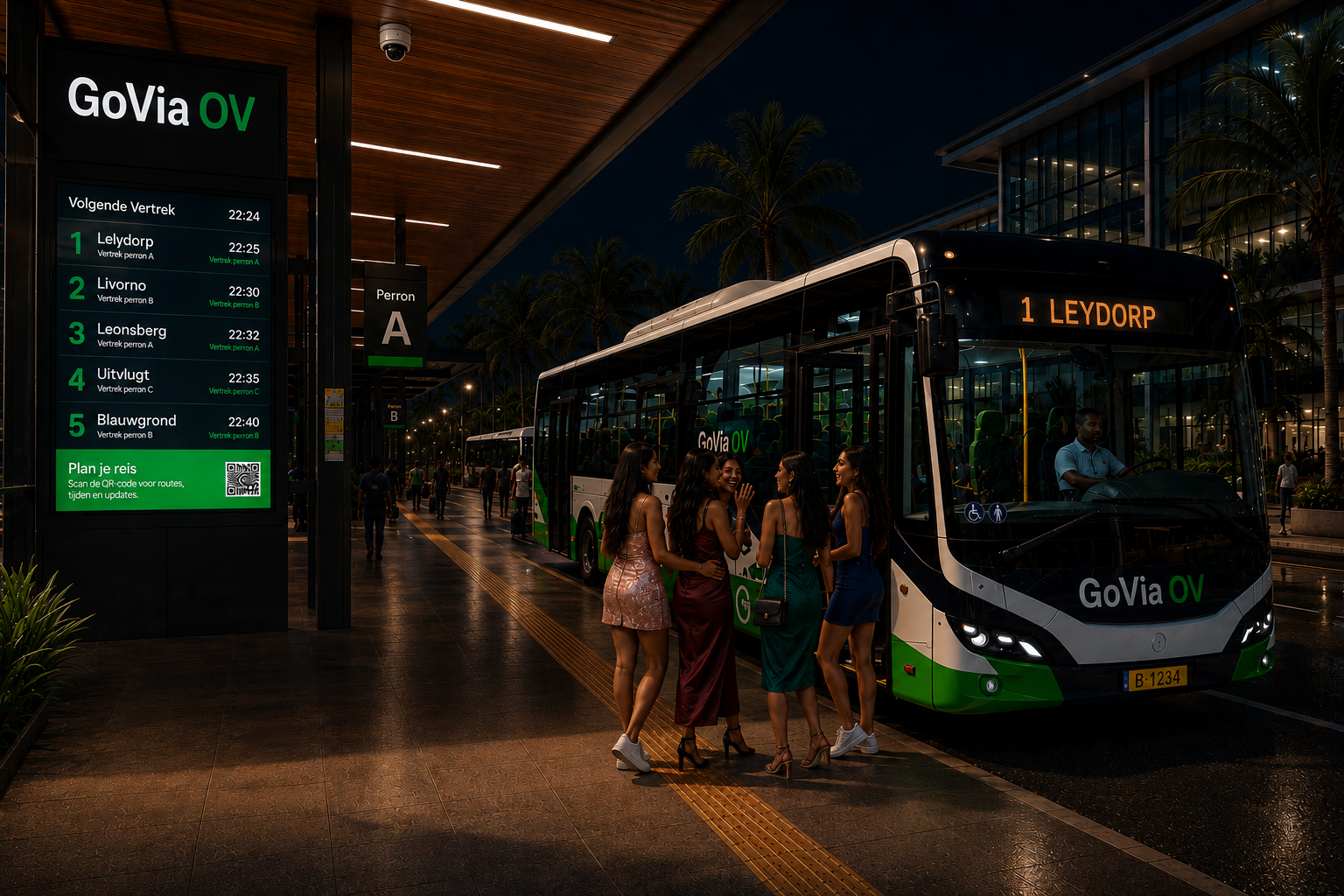 Evening GoVia station with warm lighting, illuminated signage and passengers waiting safely.