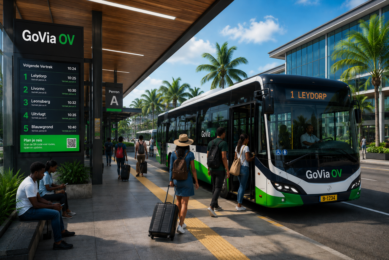 Modern GoVia transit hub with clean buses, digital displays, passengers with luggage and premium tropical station design