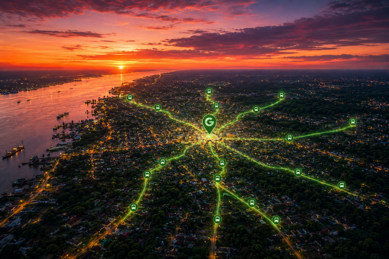 Cinematic aerial view of Paramaribo at dusk with glowing GoVia transit corridors connecting the city to surrounding regions.