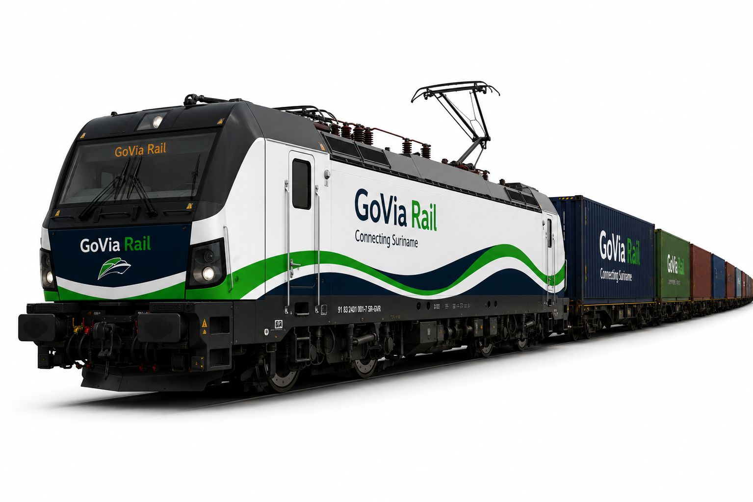 GoVia Rail electric freight locomotive with containers