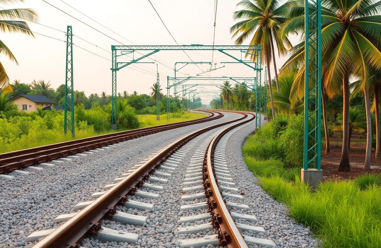 Electrified railway tracks through tropical Suriname landscape